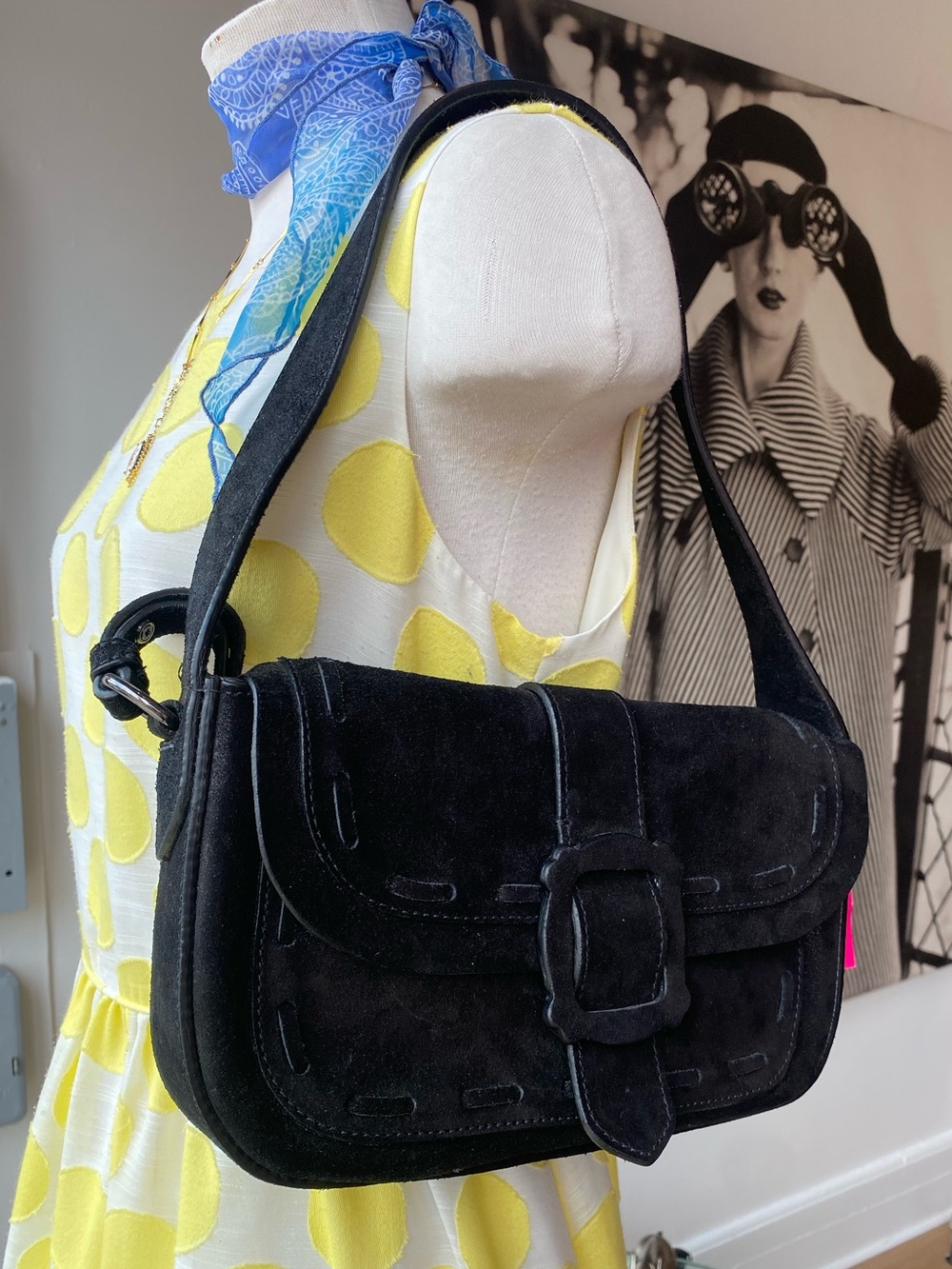 Anna Sui Charlotte Genuine Leather Black Sparkly Shoulder and Crossbody Bag